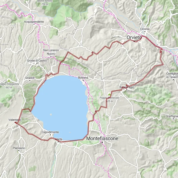 Miniatura della mappa di ispirazione al ciclismo "Giro Gravel da Valentano a Monte Gallo" nella regione di Lazio, Italy. Generata da Tarmacs.app, pianificatore di rotte ciclistiche