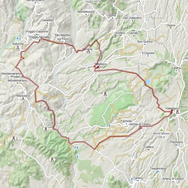 Miniatura della mappa di ispirazione al ciclismo "Giro di Monte Starnina e Sovana" nella regione di Lazio, Italy. Generata da Tarmacs.app, pianificatore di rotte ciclistiche