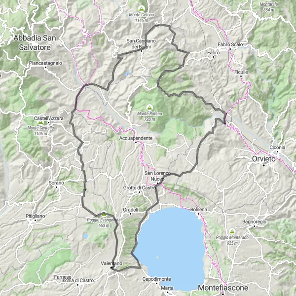 Map miniature of "Valentano Gravel Adventure" cycling inspiration in Lazio, Italy. Generated by Tarmacs.app cycling route planner
