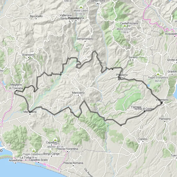 Map miniature of "Valentano Loop via Monte Starnina" cycling inspiration in Lazio, Italy. Generated by Tarmacs.app cycling route planner