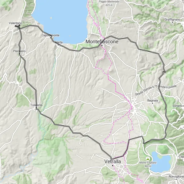 Map miniature of "Valentano's Scenic Road Tour" cycling inspiration in Lazio, Italy. Generated by Tarmacs.app cycling route planner