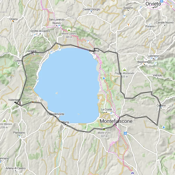 Miniatura della mappa di ispirazione al ciclismo "Giro della Montagna e Bolsena" nella regione di Lazio, Italy. Generata da Tarmacs.app, pianificatore di rotte ciclistiche