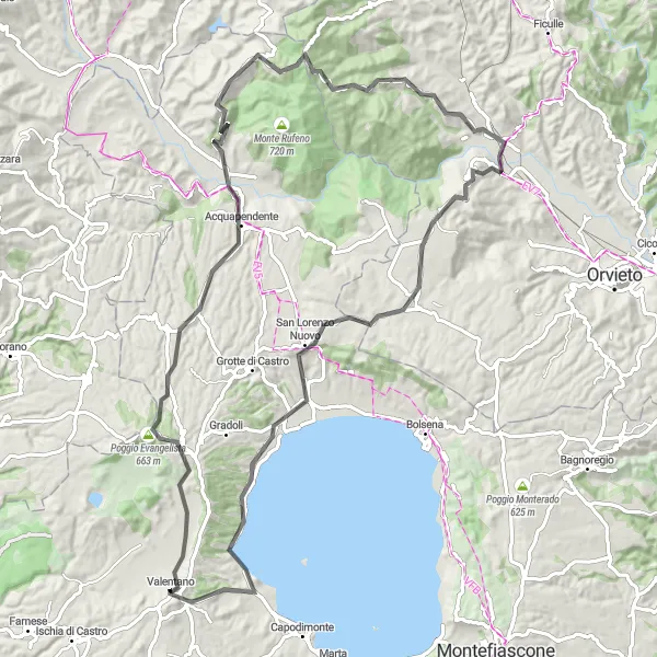 Miniatura della mappa di ispirazione al ciclismo "Giro Road da Valentano a Castel Viscardo" nella regione di Lazio, Italy. Generata da Tarmacs.app, pianificatore di rotte ciclistiche