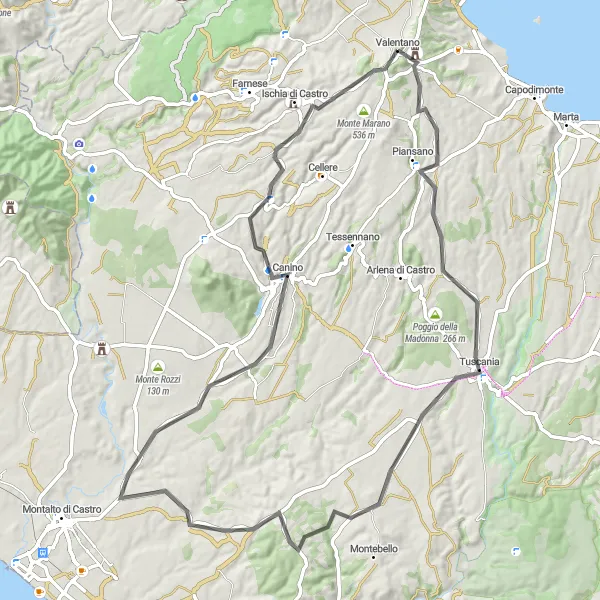 Miniatura della mappa di ispirazione al ciclismo "Giro Valle del Fiora e Monti della Tolfa" nella regione di Lazio, Italy. Generata da Tarmacs.app, pianificatore di rotte ciclistiche