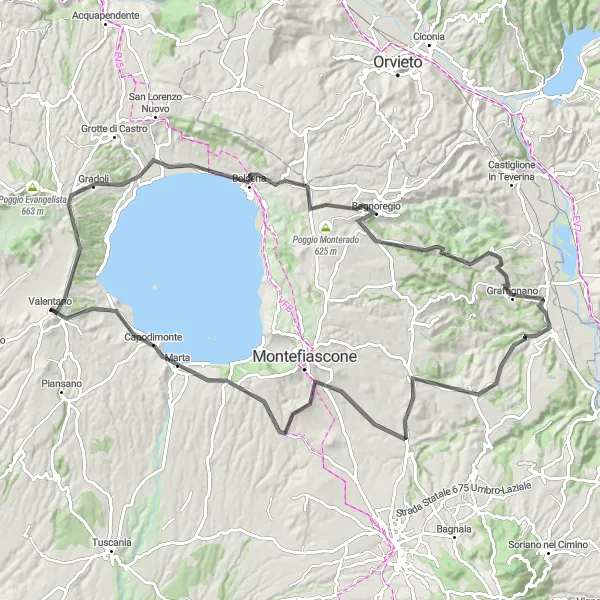 Map miniature of "The Montagna Loop" cycling inspiration in Lazio, Italy. Generated by Tarmacs.app cycling route planner