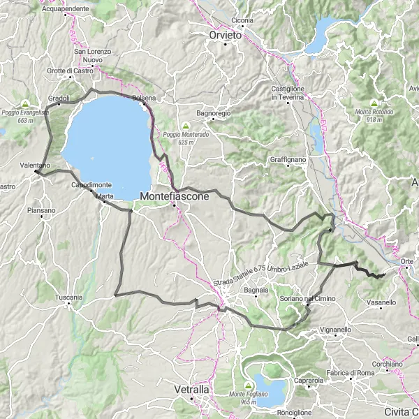 Miniatura della mappa di ispirazione al ciclismo "Giro della Montagna e Bolsena" nella regione di Lazio, Italy. Generata da Tarmacs.app, pianificatore di rotte ciclistiche