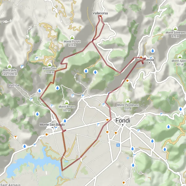 Miniatura della mappa di ispirazione al ciclismo "Rotta in bici gravel da Vallecorsa a Monte Calvo" nella regione di Lazio, Italy. Generata da Tarmacs.app, pianificatore di rotte ciclistiche