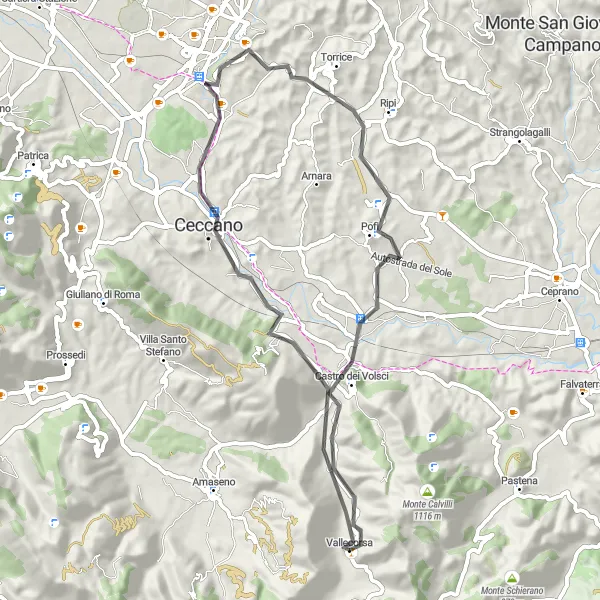 Miniatura della mappa di ispirazione al ciclismo "Passeggiata in bicicletta attraverso Frosinone" nella regione di Lazio, Italy. Generata da Tarmacs.app, pianificatore di rotte ciclistiche