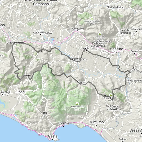 Miniatura della mappa di ispirazione al ciclismo "Tour in bicicletta da Castro dei Volsci a Monte Chiavino" nella regione di Lazio, Italy. Generata da Tarmacs.app, pianificatore di rotte ciclistiche