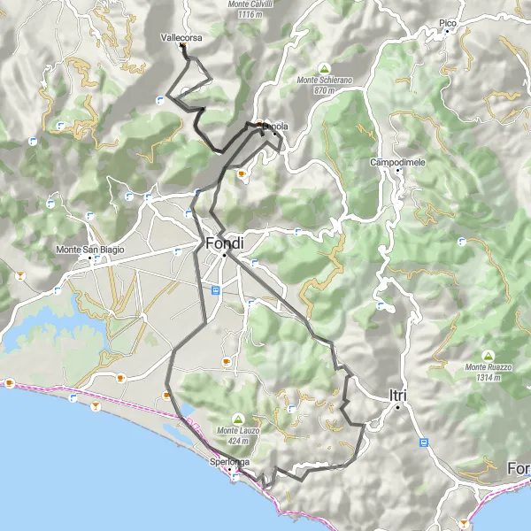 Miniatura della mappa di ispirazione al ciclismo "Giro in bicicletta da Vallecorsa a Monte Chiavino" nella regione di Lazio, Italy. Generata da Tarmacs.app, pianificatore di rotte ciclistiche