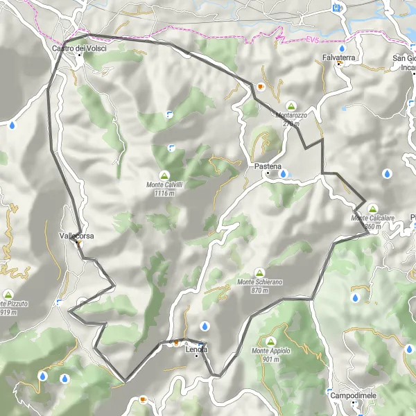 Miniatura della mappa di ispirazione al ciclismo "Giro in bici da Vallecorsa a Cima del Monte" nella regione di Lazio, Italy. Generata da Tarmacs.app, pianificatore di rotte ciclistiche
