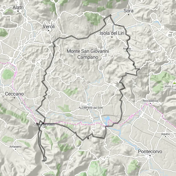 Map miniature of "Vallecorsa to Castro dei Volsci Coastal Ride" cycling inspiration in Lazio, Italy. Generated by Tarmacs.app cycling route planner