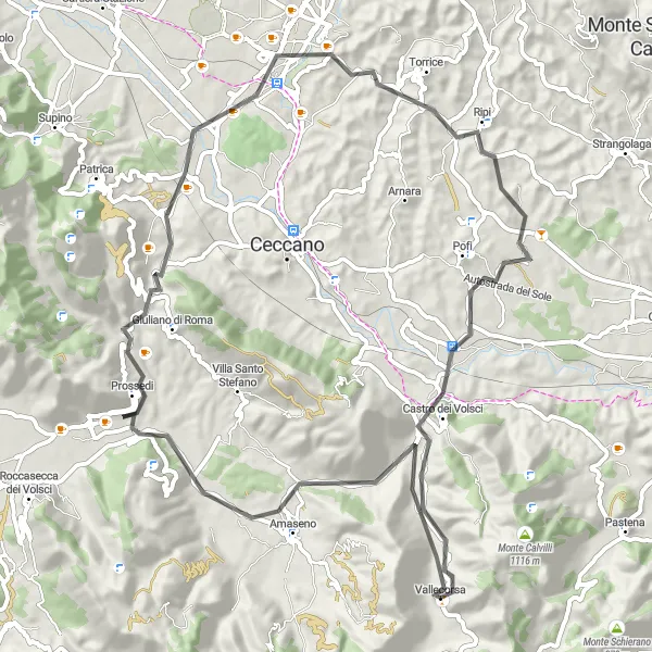 Miniatura della mappa di ispirazione al ciclismo "Escursione in bicicletta tra Amaseno e Castro dei Volsci" nella regione di Lazio, Italy. Generata da Tarmacs.app, pianificatore di rotte ciclistiche