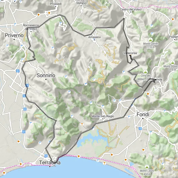 Map miniature of "Vallecorsa to Terracina Scenic Road Ride" cycling inspiration in Lazio, Italy. Generated by Tarmacs.app cycling route planner