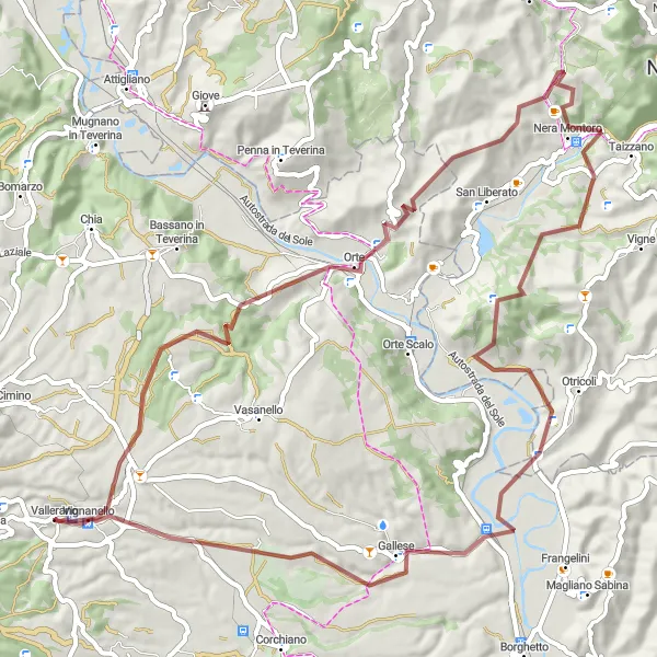 Map miniature of "Vallerano and Orte Gravel Adventure" cycling inspiration in Lazio, Italy. Generated by Tarmacs.app cycling route planner