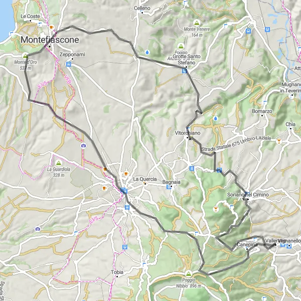 Miniatura della mappa di ispirazione al ciclismo "Scoperta delle colline verdi di Viterbo" nella regione di Lazio, Italy. Generata da Tarmacs.app, pianificatore di rotte ciclistiche