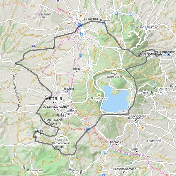 Miniatura della mappa di ispirazione al ciclismo "Giro delle colline di Vallerano" nella regione di Lazio, Italy. Generata da Tarmacs.app, pianificatore di rotte ciclistiche