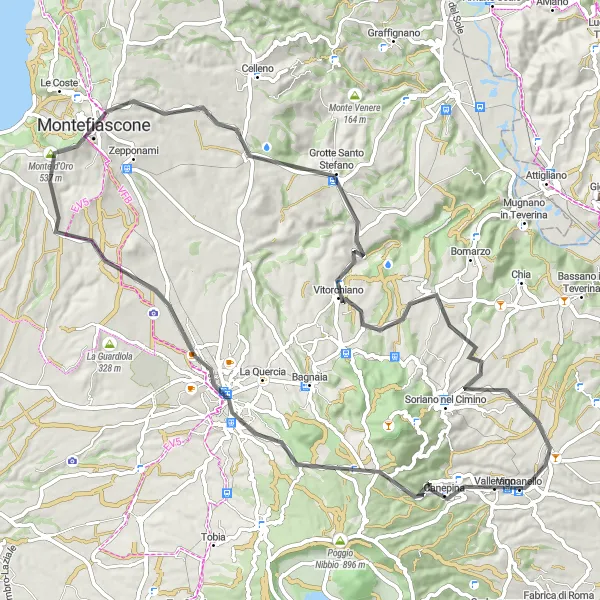 Miniatura della mappa di ispirazione al ciclismo "Cicloturismo tra Viterbo e Vignanello" nella regione di Lazio, Italy. Generata da Tarmacs.app, pianificatore di rotte ciclistiche