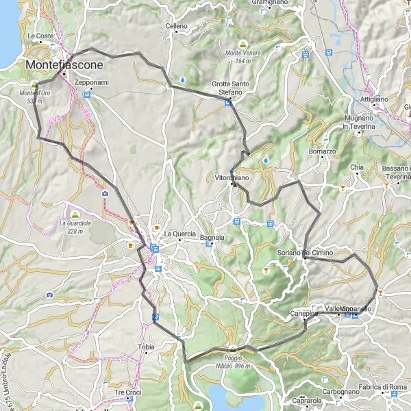 Map miniature of "Canepina and Vignanello Loop" cycling inspiration in Lazio, Italy. Generated by Tarmacs.app cycling route planner