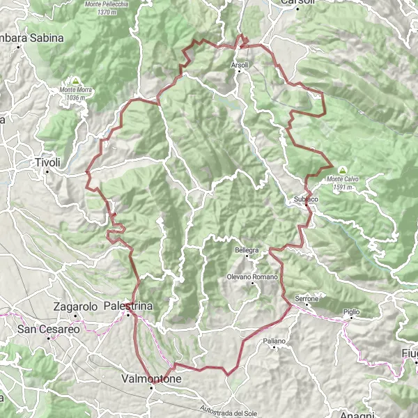 Map miniature of "The Gravel Challenge in Valmontone" cycling inspiration in Lazio, Italy. Generated by Tarmacs.app cycling route planner