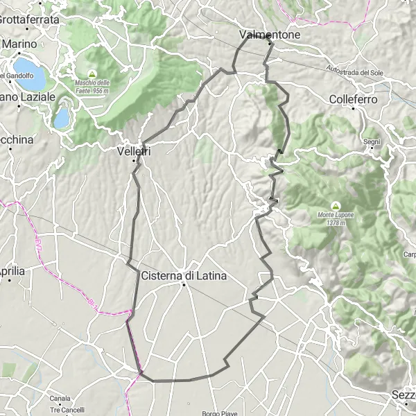 Miniatura della mappa di ispirazione al ciclismo "Avventura su Strada da Artena a La Valle" nella regione di Lazio, Italy. Generata da Tarmacs.app, pianificatore di rotte ciclistiche