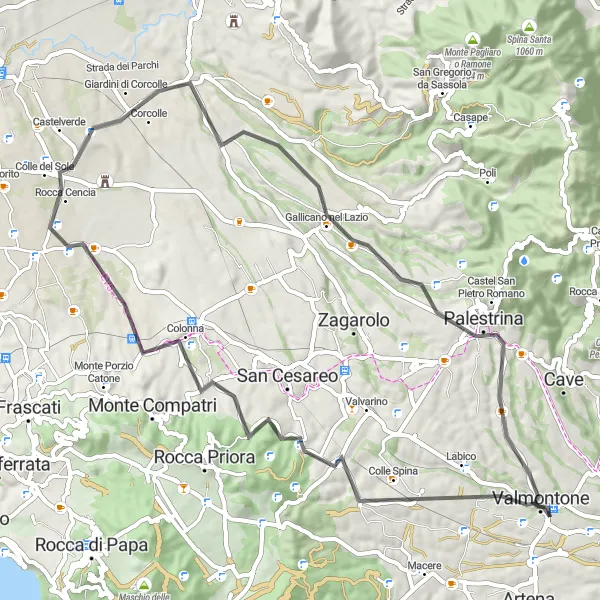 Map miniature of "Colonna and Palestrina Ride" cycling inspiration in Lazio, Italy. Generated by Tarmacs.app cycling route planner