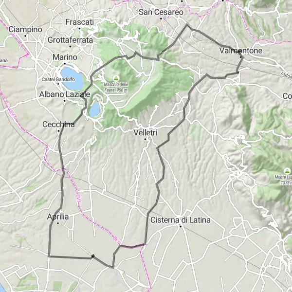Map miniature of "Pratolungo and Aprilia Circuit" cycling inspiration in Lazio, Italy. Generated by Tarmacs.app cycling route planner