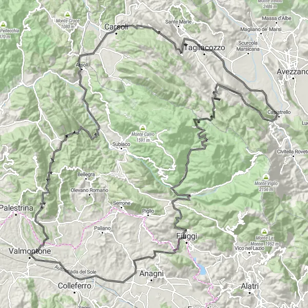 Miniatura della mappa di ispirazione al ciclismo "Sfida Epica tra Montagne e Valli" nella regione di Lazio, Italy. Generata da Tarmacs.app, pianificatore di rotte ciclistiche