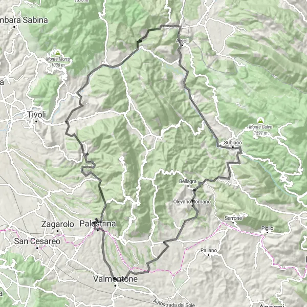 Map miniature of "Ancient Towns and Panoramic Views" cycling inspiration in Lazio, Italy. Generated by Tarmacs.app cycling route planner