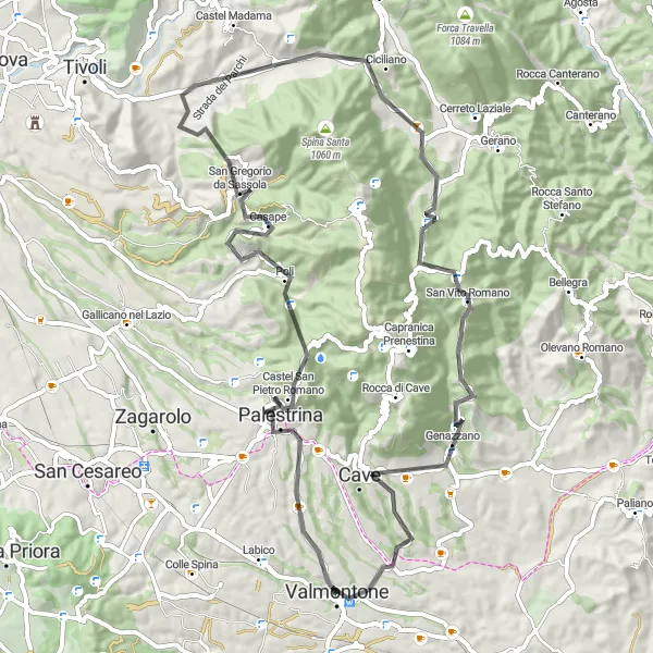 Miniatura della mappa di ispirazione al ciclismo "Tra i Colli e i Borghi Medievali" nella regione di Lazio, Italy. Generata da Tarmacs.app, pianificatore di rotte ciclistiche