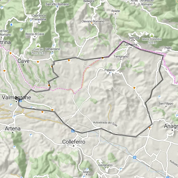 Map miniature of "Valmontone Loop" cycling inspiration in Lazio, Italy. Generated by Tarmacs.app cycling route planner