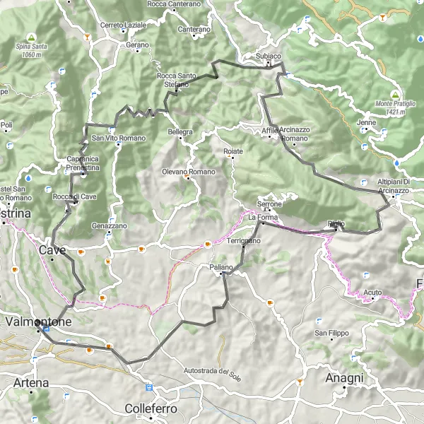 Miniatura della mappa di ispirazione al ciclismo "Giro Panoramico attraverso i Monti Simbruini" nella regione di Lazio, Italy. Generata da Tarmacs.app, pianificatore di rotte ciclistiche