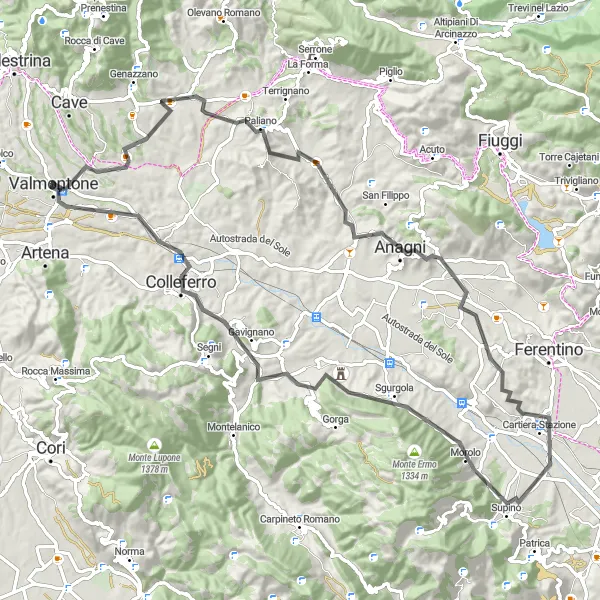 Map miniature of "Anagni and Supino Adventure" cycling inspiration in Lazio, Italy. Generated by Tarmacs.app cycling route planner