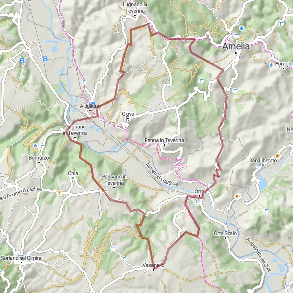 Map miniature of "Ancient Pathways" cycling inspiration in Lazio, Italy. Generated by Tarmacs.app cycling route planner