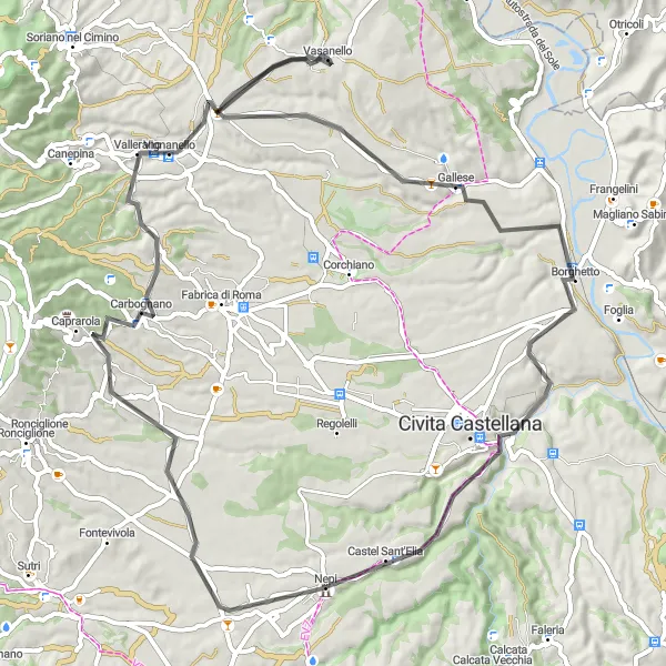 Map miniature of "Vasanello - Gallese - Monte Lombrica - Castel Sant'Elia - Caprarola - Vallerano" cycling inspiration in Lazio, Italy. Generated by Tarmacs.app cycling route planner