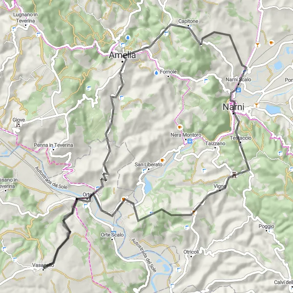 Miniatura della mappa di ispirazione al ciclismo "Il Giro dei Monti di Vasanello" nella regione di Lazio, Italy. Generata da Tarmacs.app, pianificatore di rotte ciclistiche