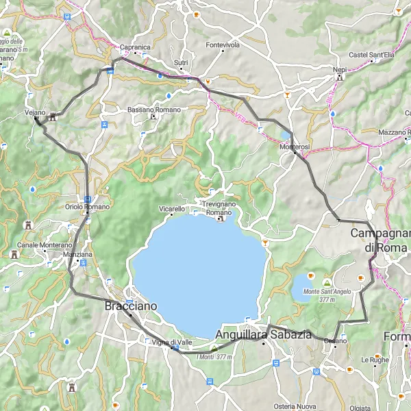 Map miniature of "Vejano to Bracciano Loop" cycling inspiration in Lazio, Italy. Generated by Tarmacs.app cycling route planner