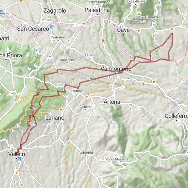 Map miniature of "Gravel Adventure to Valmontone" cycling inspiration in Lazio, Italy. Generated by Tarmacs.app cycling route planner