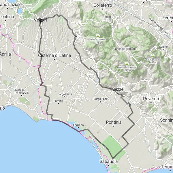 Map miniature of "The Giulianello Loop" cycling inspiration in Lazio, Italy. Generated by Tarmacs.app cycling route planner