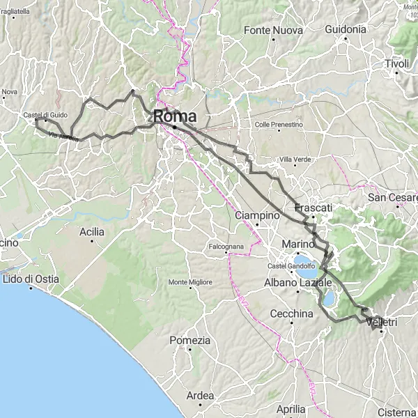 Miniatura della mappa di ispirazione al ciclismo "Giro dei Colli Romani" nella regione di Lazio, Italy. Generata da Tarmacs.app, pianificatore di rotte ciclistiche
