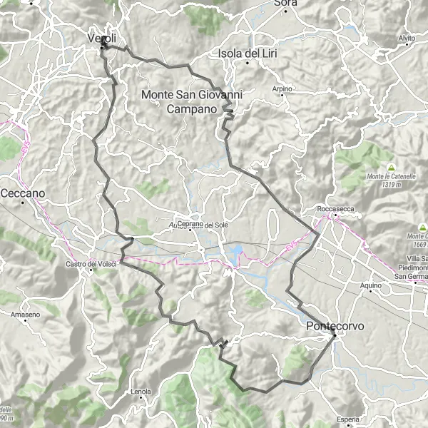 Map miniature of "Veroli and Beyond" cycling inspiration in Lazio, Italy. Generated by Tarmacs.app cycling route planner