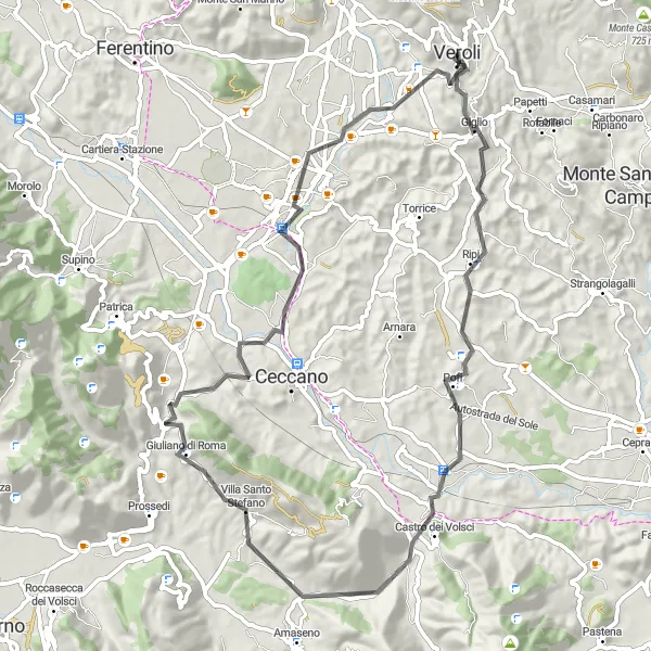 Miniatura della mappa di ispirazione al ciclismo "Giro in bicicletta da Veroli" nella regione di Lazio, Italy. Generata da Tarmacs.app, pianificatore di rotte ciclistiche