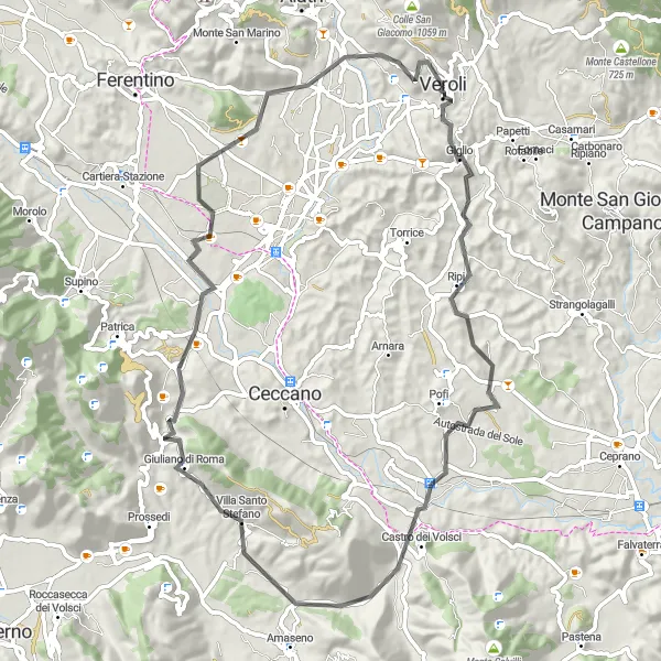 Miniatura della mappa di ispirazione al ciclismo "Tour in bicicletta nei dintorni di Veroli" nella regione di Lazio, Italy. Generata da Tarmacs.app, pianificatore di rotte ciclistiche