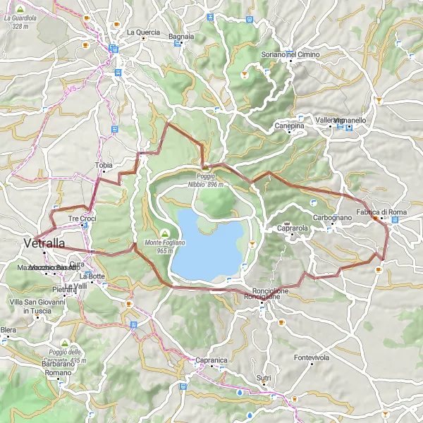 Map miniature of "Scenic Gravel Route to Ronciglione" cycling inspiration in Lazio, Italy. Generated by Tarmacs.app cycling route planner