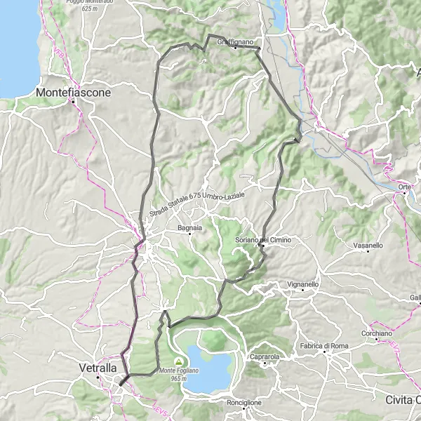 Map miniature of "Road Adventure through Tuscia" cycling inspiration in Lazio, Italy. Generated by Tarmacs.app cycling route planner