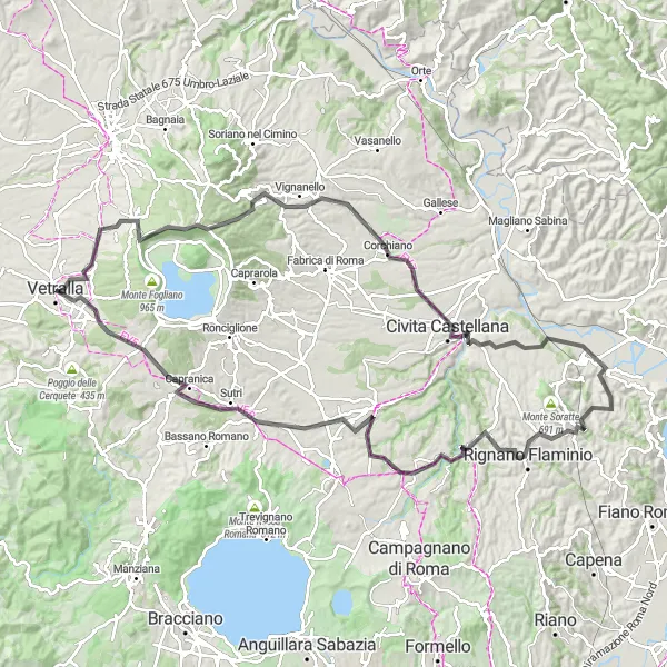 Map miniature of "Towards the Ancient Villages" cycling inspiration in Lazio, Italy. Generated by Tarmacs.app cycling route planner