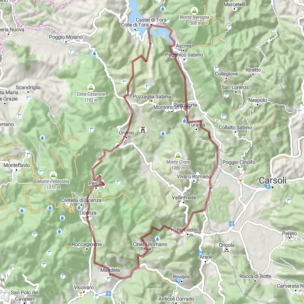 Miniatura della mappa di ispirazione al ciclismo "Tour Panoramico in Gravel tra Belvedere e Mandela" nella regione di Lazio, Italy. Generata da Tarmacs.app, pianificatore di rotte ciclistiche