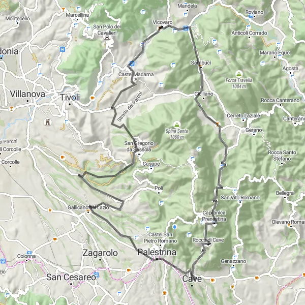 Miniatura della mappa di ispirazione al ciclismo "Giro in bicicletta da Vicovaro a Colle Ottani" nella regione di Lazio, Italy. Generata da Tarmacs.app, pianificatore di rotte ciclistiche