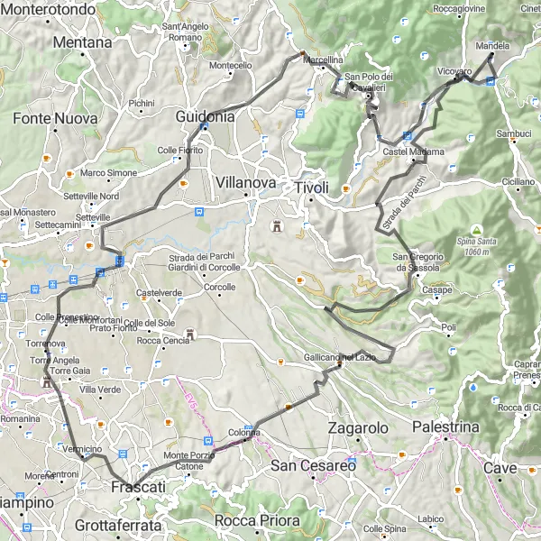 Miniatura della mappa di ispirazione al ciclismo "Giro in bicicletta da Colle Stefano a Vicovaro" nella regione di Lazio, Italy. Generata da Tarmacs.app, pianificatore di rotte ciclistiche