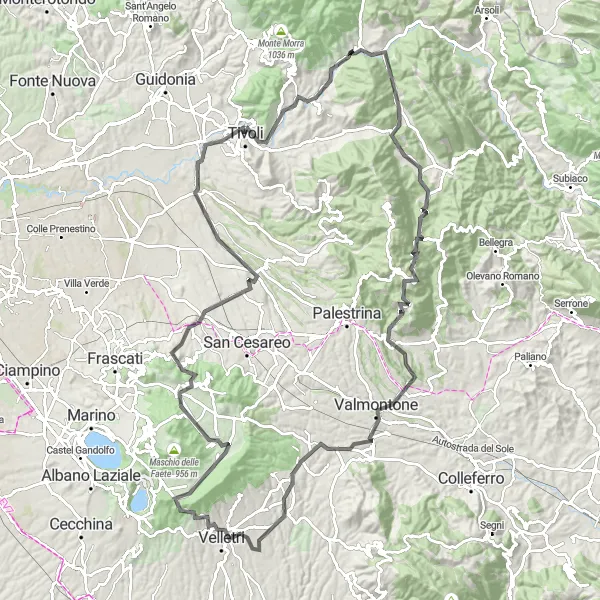 Map miniature of "Roads of Legends" cycling inspiration in Lazio, Italy. Generated by Tarmacs.app cycling route planner